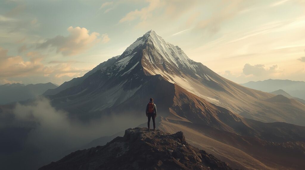 person standing alone on a mountain reflecting on goals and life direction